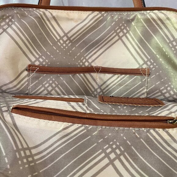 London Fog Brown & Tan Vegan Ostrich Leather Satchel Handbag With Shoulder - Picture 6 of 14